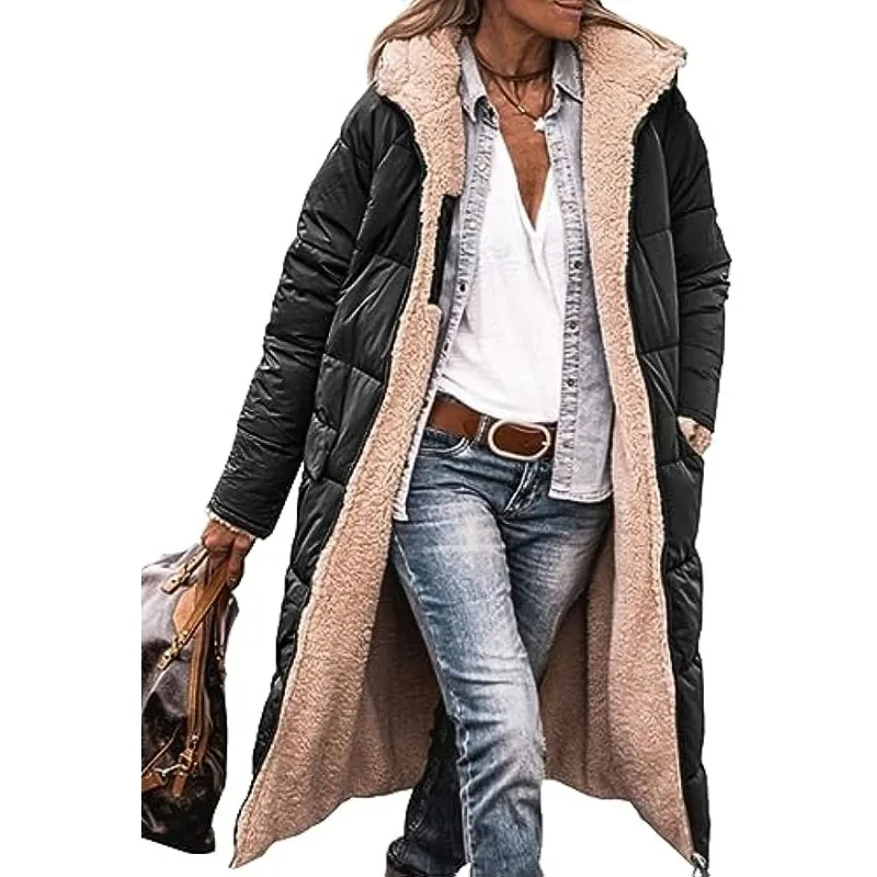 Women's 2023 Warm Winter Coats Reversible Sherpa Fleece Long Hooded Puffer Jacke