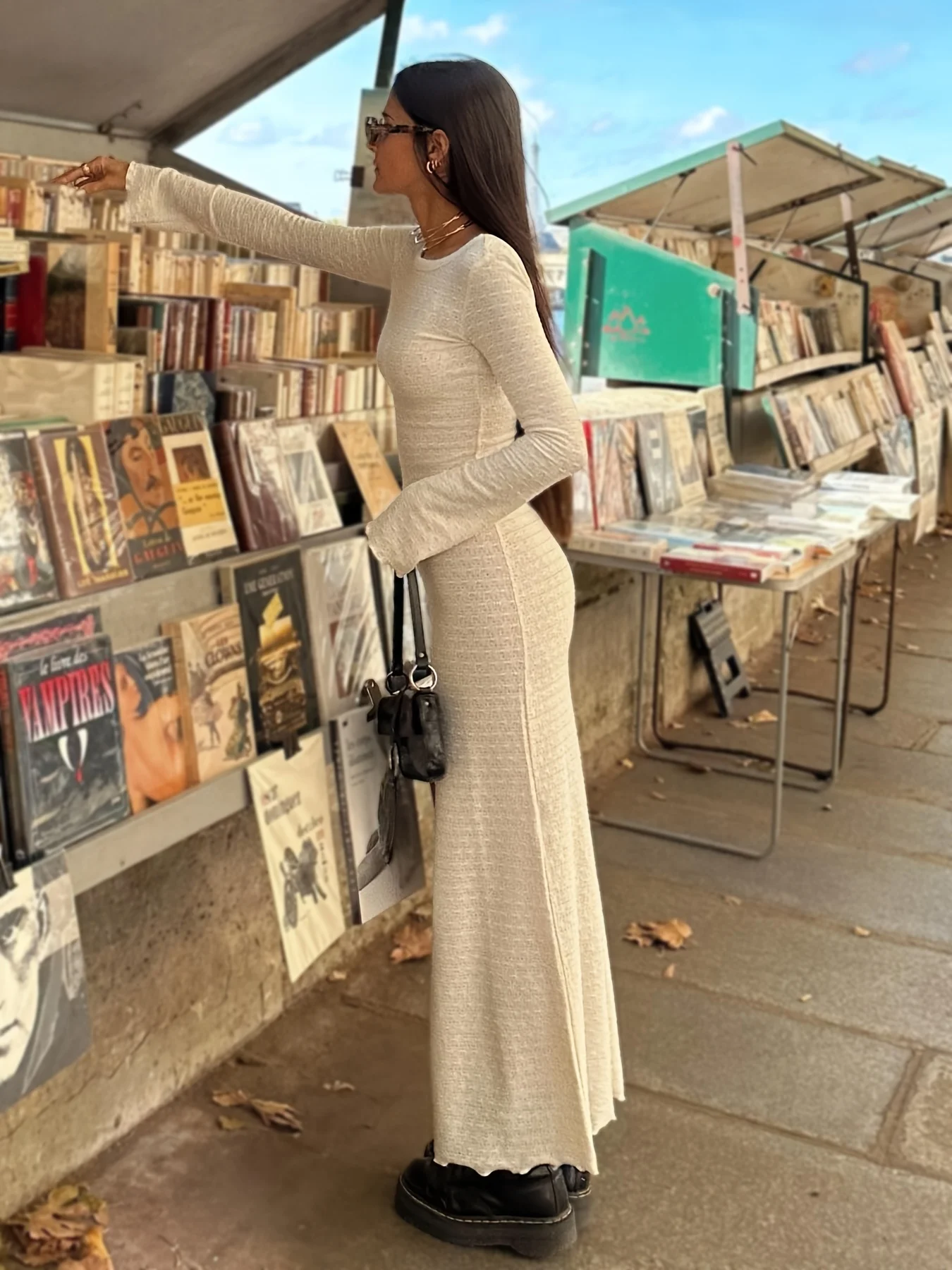 Women's Casual Maxi Dress Long Sleeve Long hook flower Dresses Sleeves for Ladie