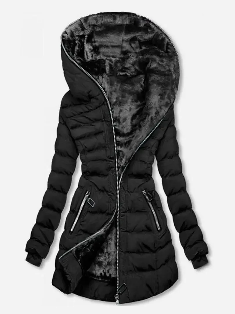 Women's Hooded Long Sleeve Cotton-padded Fleece-lined Winter Jacket Medium-lengt
