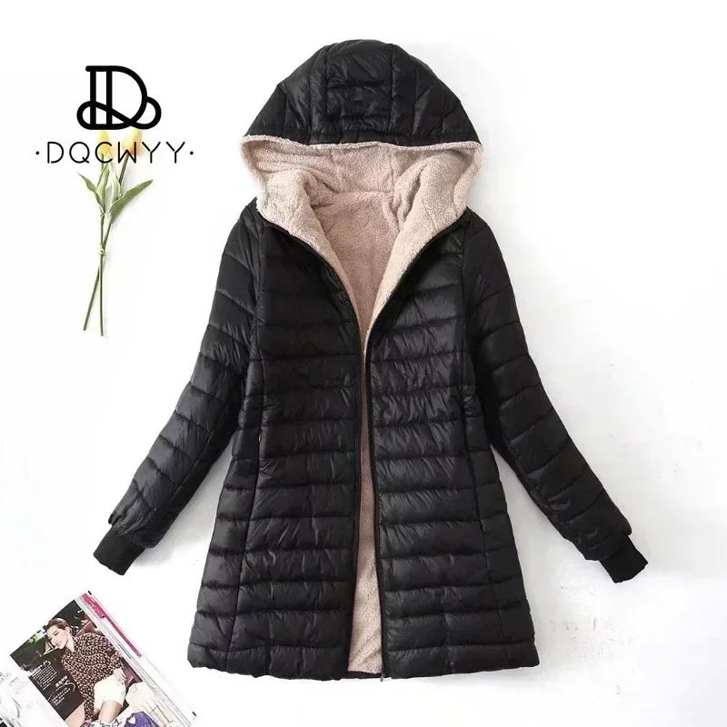 Women's Jacket Winter New Mid Length Korean Edition Hooded Fit Plus Fleece Cotto
