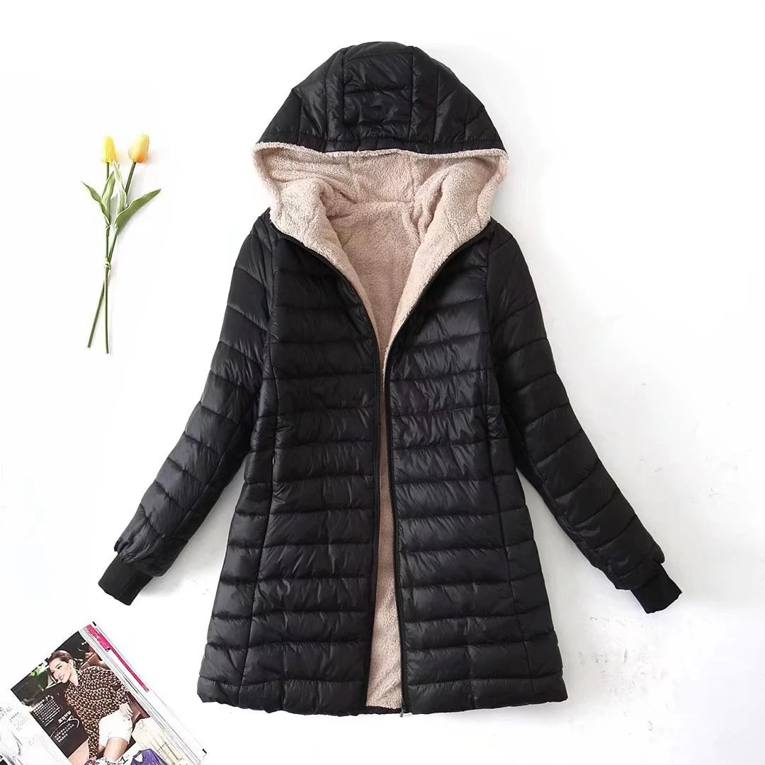 Women's Jacket Winter New Mid Length Korean Edition Hooded Fit Plus Fleece Cotto