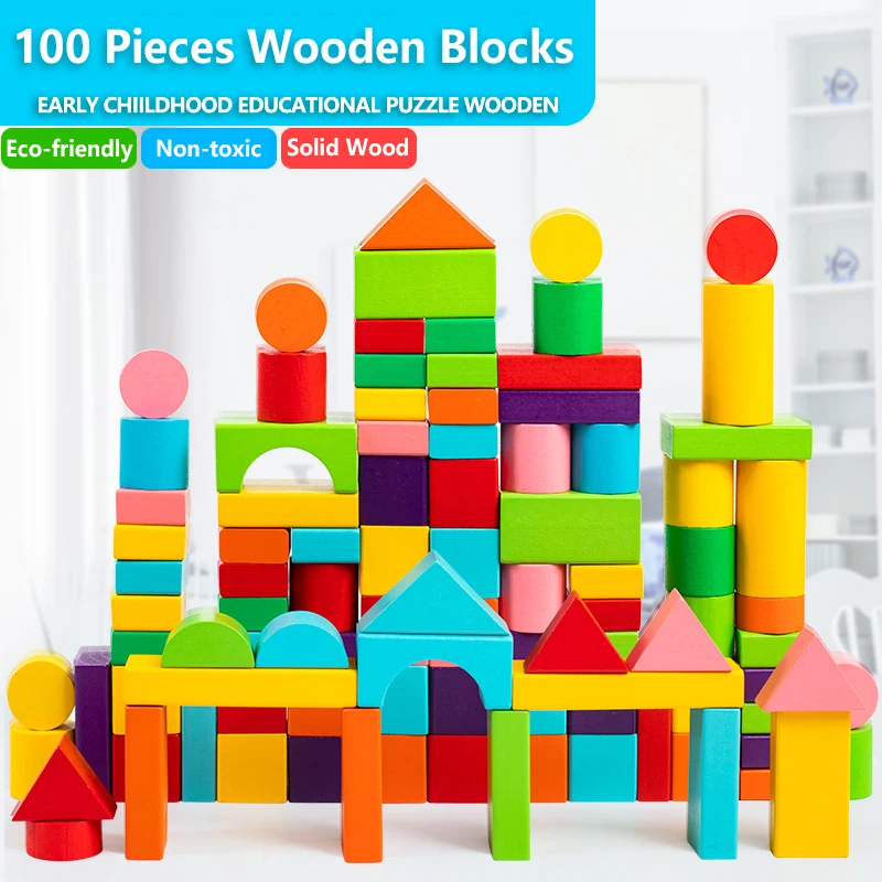Wooden Building Blocks Set with Storage Bag Wooden Toys for Kids Assembled Build