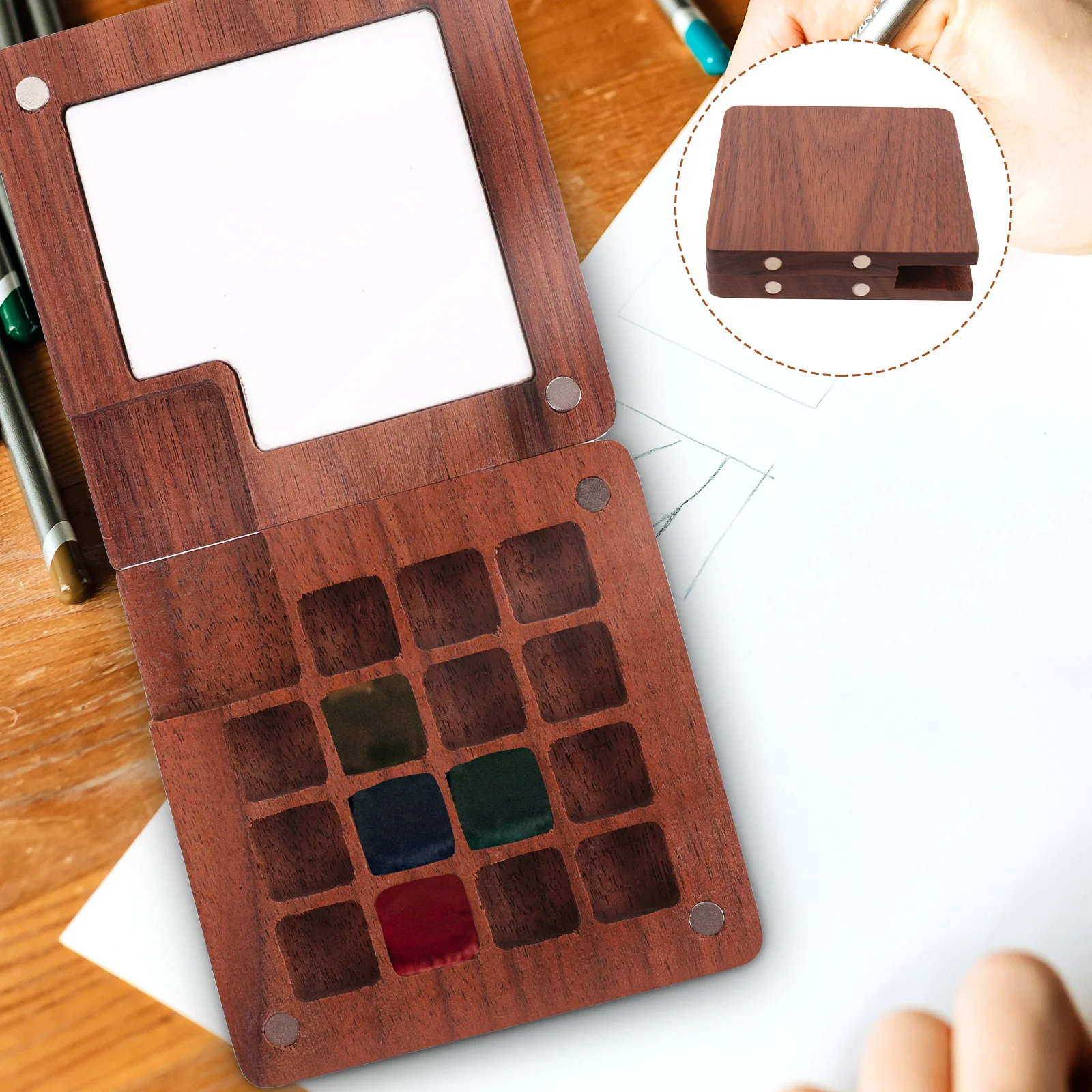 Wooden Palette Watercolor Kids Compartments Holder Pigment Case Mix Mini Wood Pa