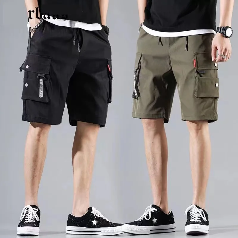 Workwear shorts, men's multiple pockets, medium shorts, summer thin loose croppe