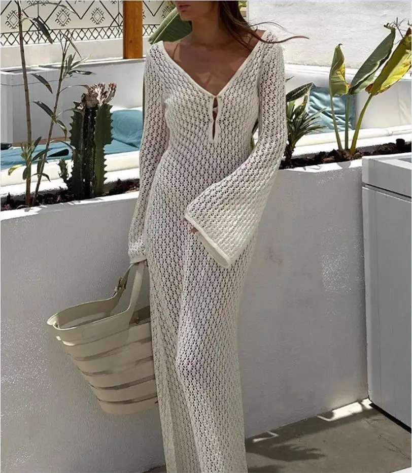 Yiiciovy Sexy Women Long Knit Beach Dress Hollow-Out Deep V-Neck Long Sleeve Bik
