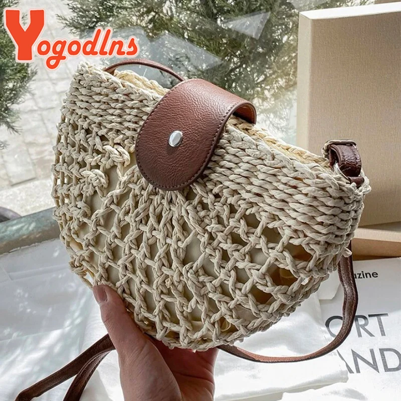Yogodlns Summer Straw Bag For Women Fashion Semicircle Crossbody Bags Rattan Han