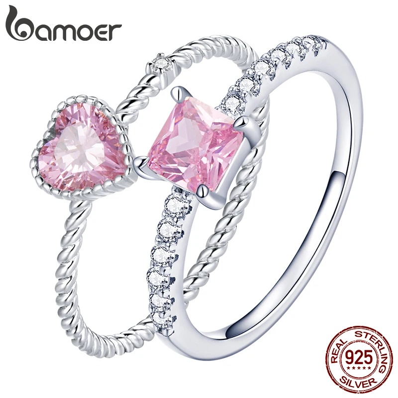 bamoer Real 925 Sterling Silver Pink Love CZ Ring For Fashion Women Cute Fine Je
