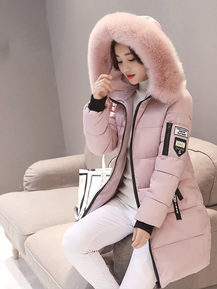 Women Winter Fur Collar Hooded Parka Fashion Letter Patch Zipper Pockets Design 
