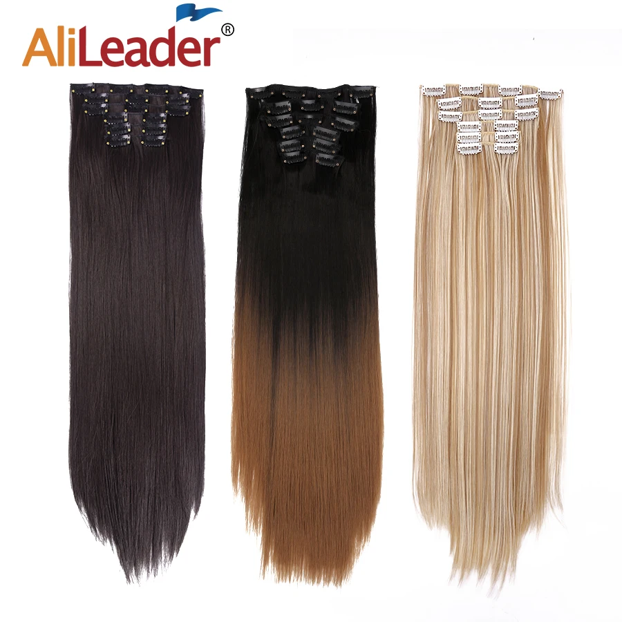 Synthetic Clip On Hair Extension 6Pcs/Set 22inch Straight Hairpiece Curly 16 Cli