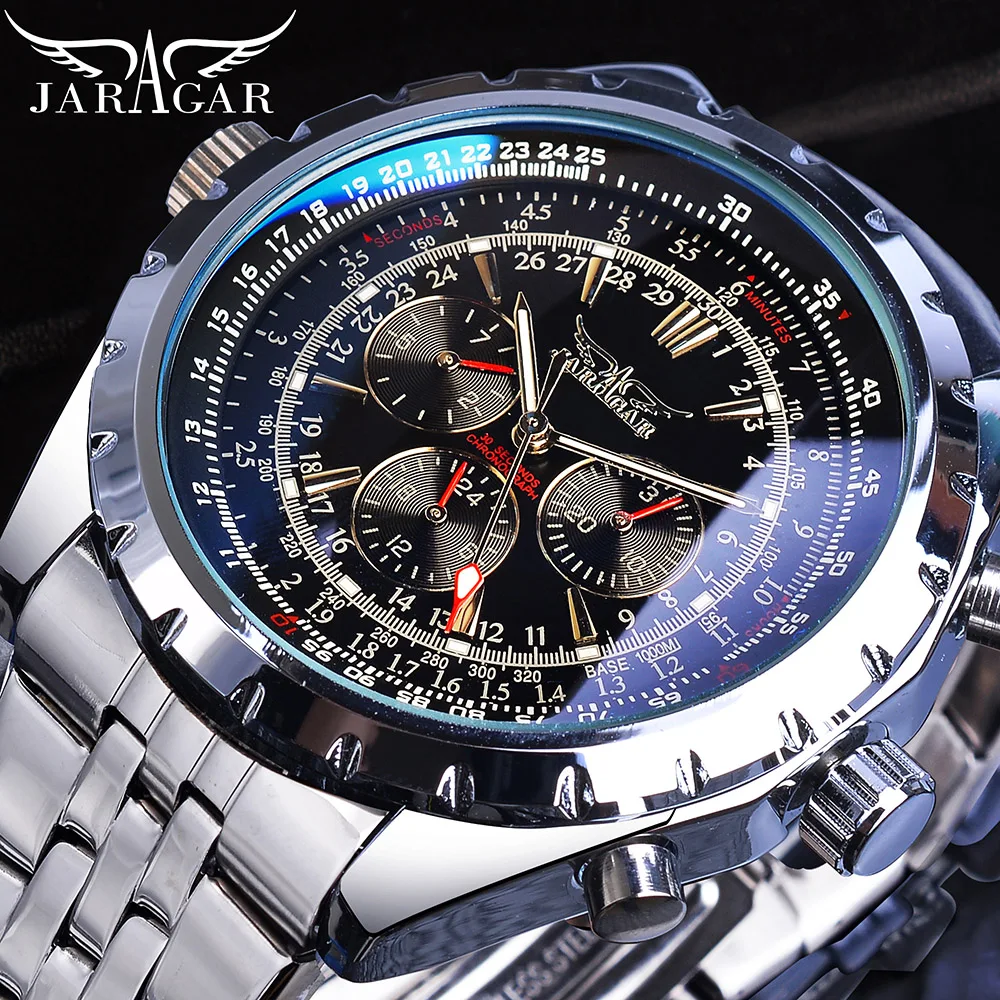 Jaragar Blue Glass Design Black Silver Automatic Watch Stainless Steel Date Cloc