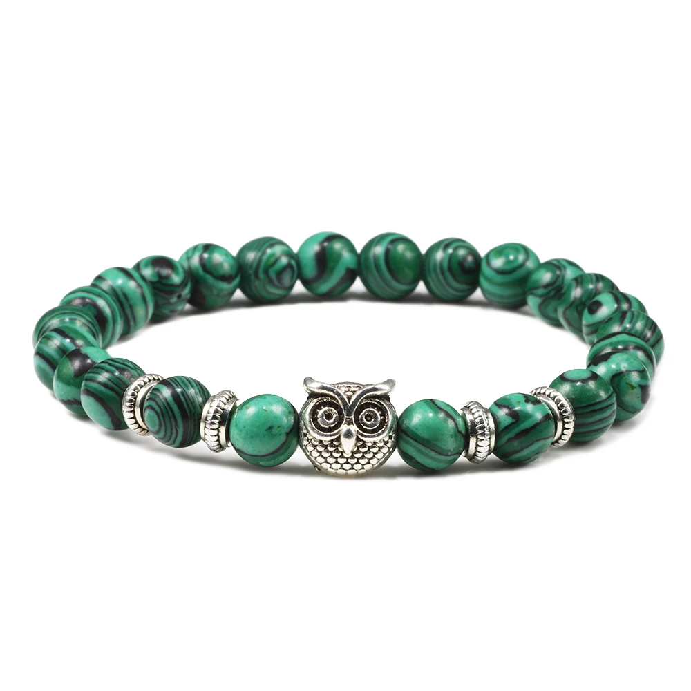 Natural Stone Beads Owl Bracelets Malachite Rock Lava Bangles Charm Strand Elast