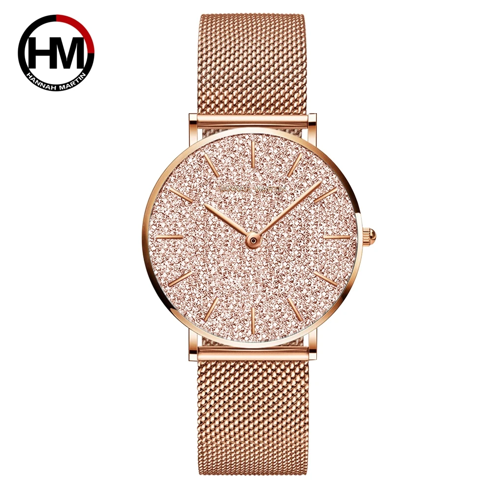 Women Watches New Flash Stars Stainless Steel Rose Gold Mesh Unique Simple Casua