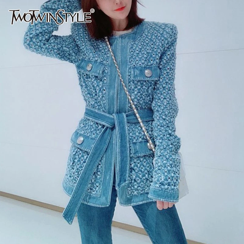 TWOTWINSTYLE Vintage Blue Denim Jacket With Belt Waisted Ripped Hole Women Coat 