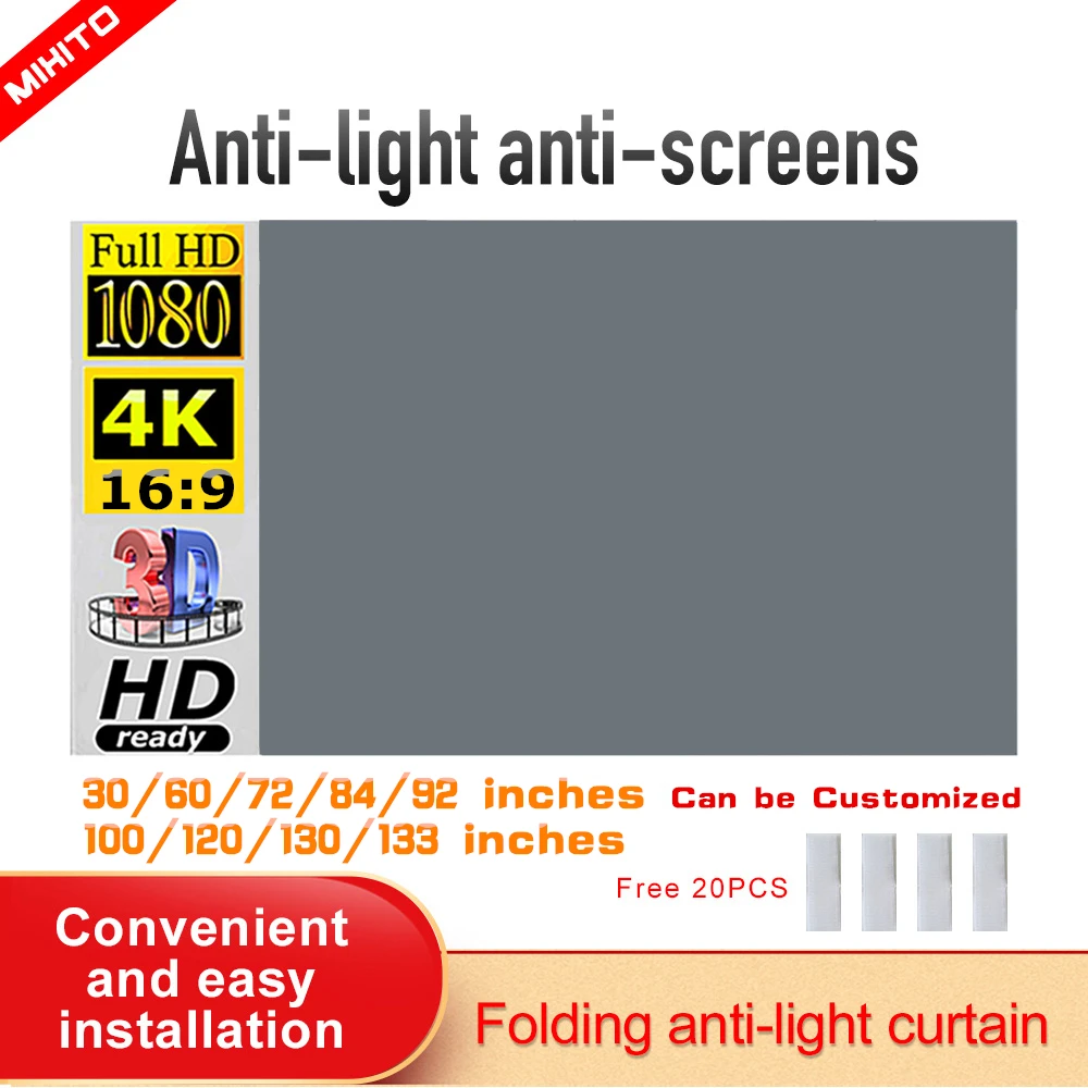 MIXITO Projector Screen Simple 16:9 Anti-Light Curtain 30 72 84 92 100 106 120 1