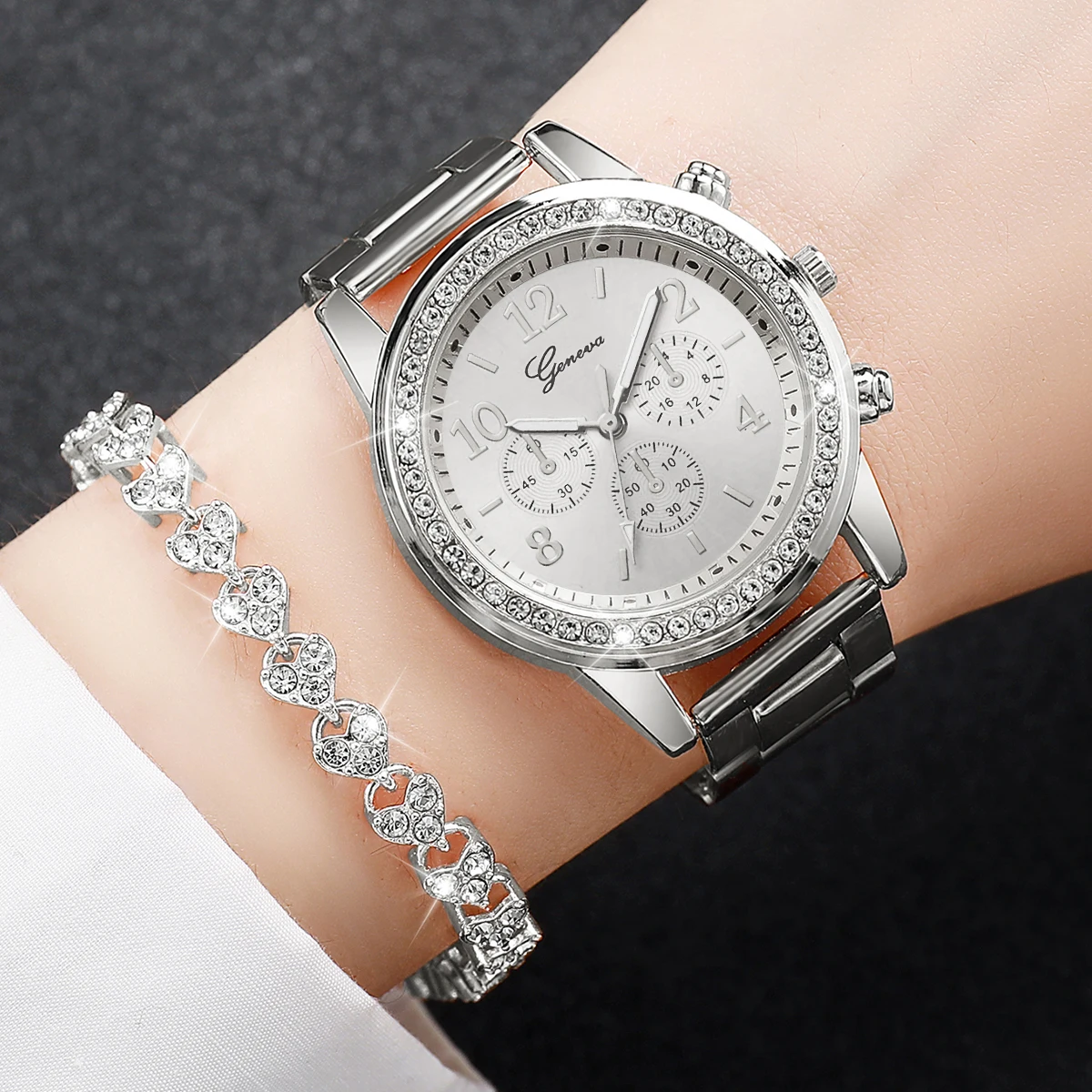 Fashion Women Stainless Steel Silver Color Quartz Watch & Diamond Bracelet