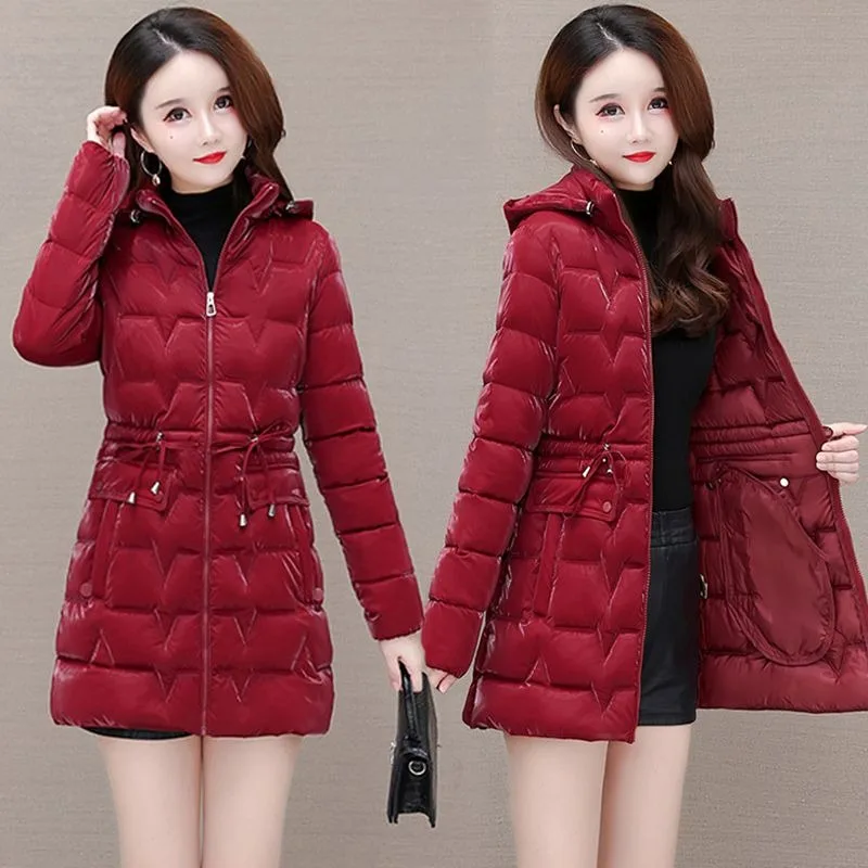 New 2024 Shiny Down Cotton Coat Women Korean Winter Thick Warm Long Hooded Parka