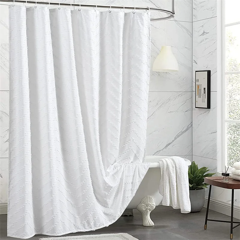 White Shower Curtain Woven Fabric Shower Curtain Modern Farmhouse Shower Curtain