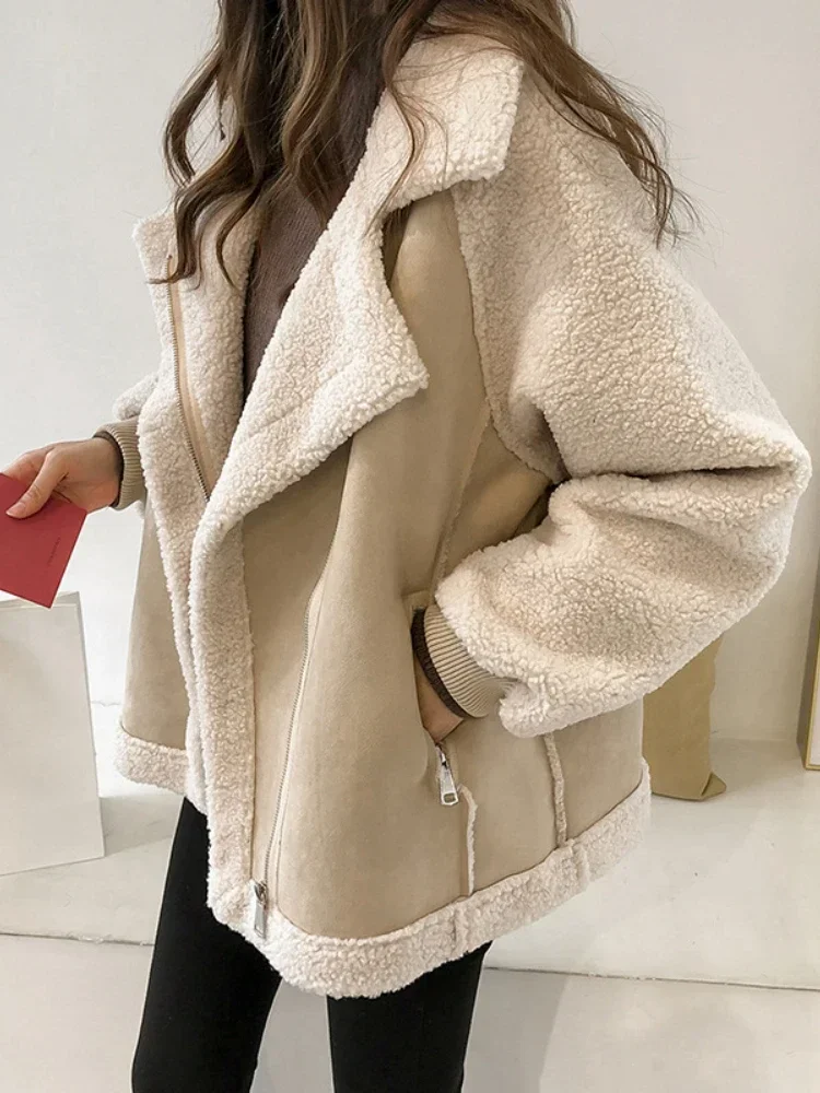 Jacket Women Topcoat Bomber Coat Thicken Casual Loose Outerwear Pocket Lamb Hair