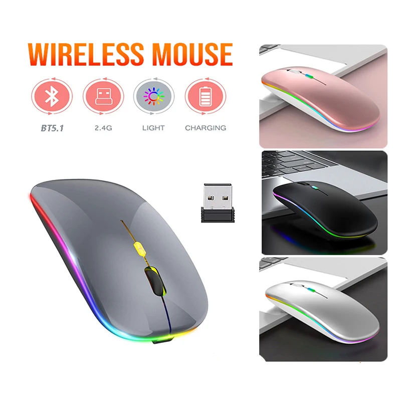 Bluetooth5.1 Wireless Mouse with USB Rechargeable RGB Mouse for Computer Laptop
