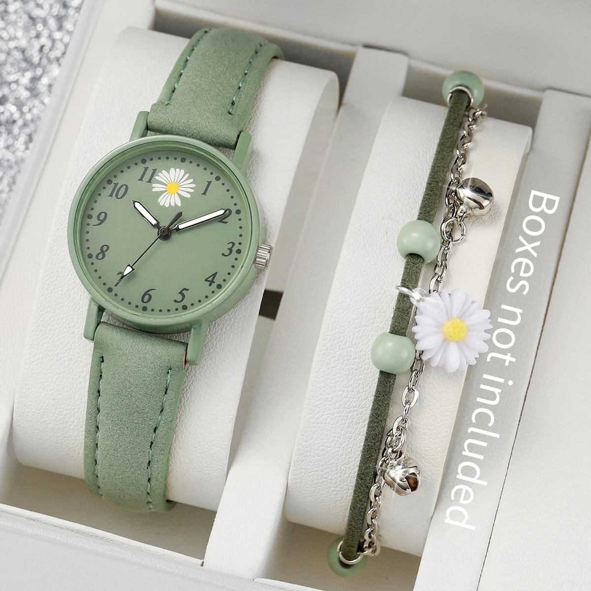 Fashion 2pcs/set Women's Daisy Dial Leather Watch & Green Flower Bracelet