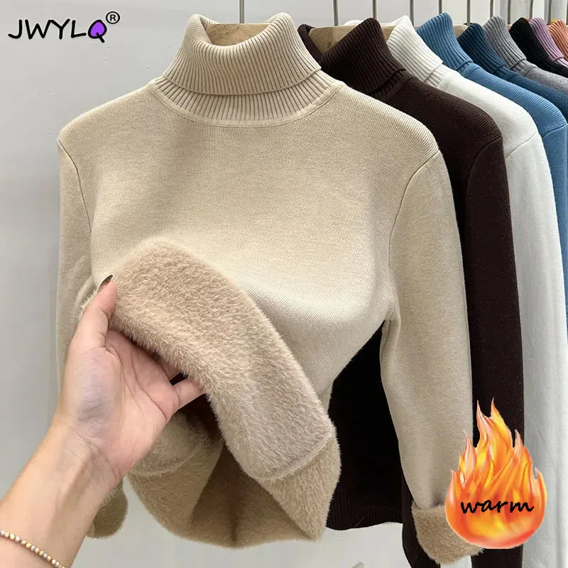 Thicken Velvet Turtleneck Sweater Women Korean Fashion Lined Warm Sueter Knitted