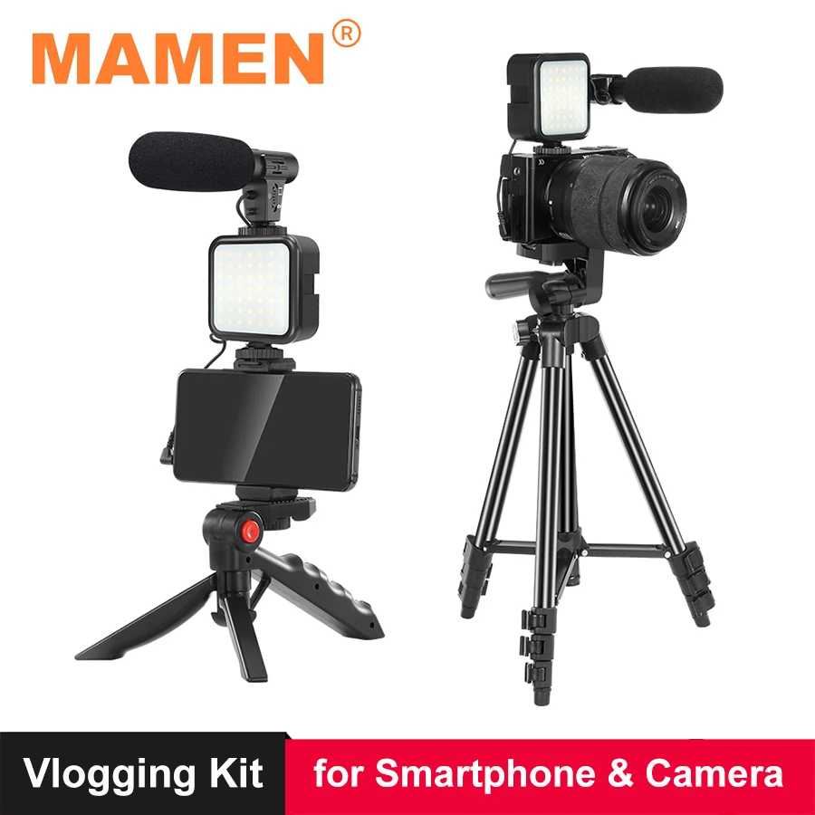 MAMEN Portable Phone Camera Travel Tripod Vlogging Kit with Microphone LED Light