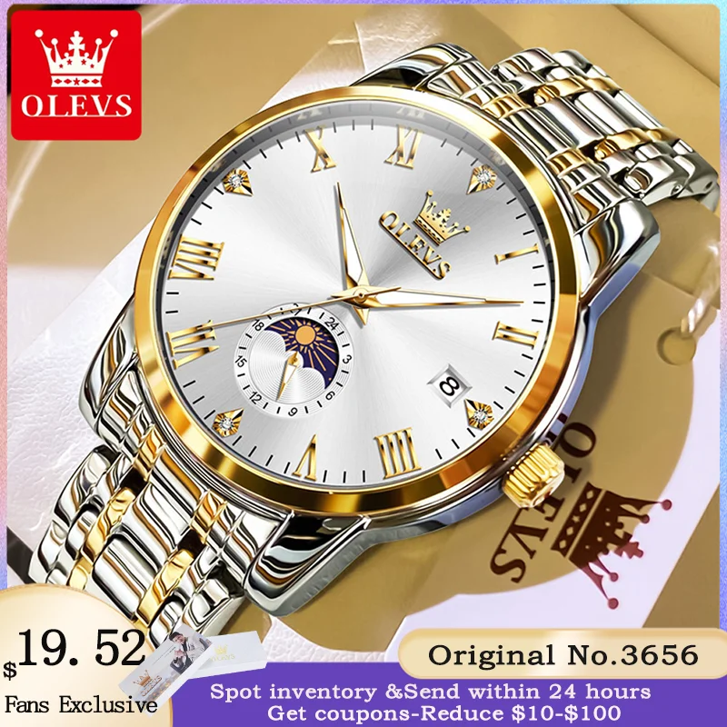 OLEVS 3656 Men Watch Fashion Original Waterproof Luminous Calendar Moon Phase Bu