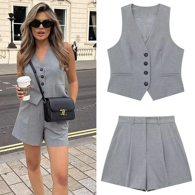 HXAO Sets For Women 2 Pieces Grey Short Sets New In Matching Sets Crop V-Neck Ve