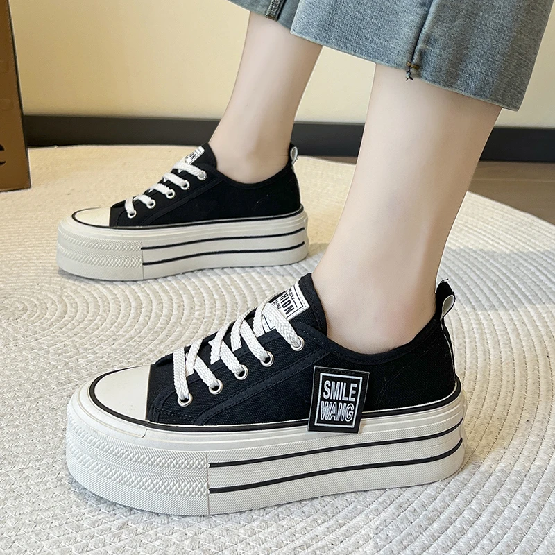 New Women Black White Platform Canvas Shoes Sneakers Lace Up Comfortable Shoes F