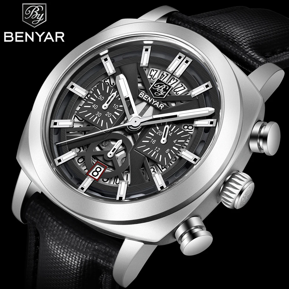 Benyar2024 new 43mm luminous dial men's quartz watch 50 meter waterproof men's w