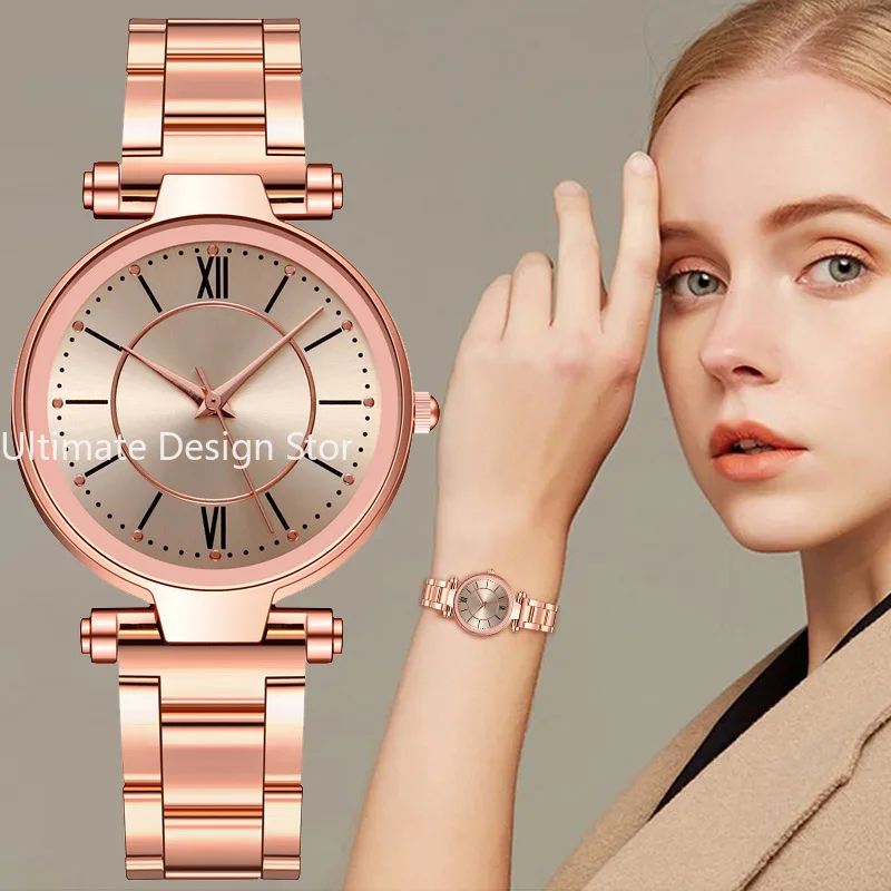 Luxury Rose Gold Stainless Steel Watches Female Classic Round Dial Quartz Watch 