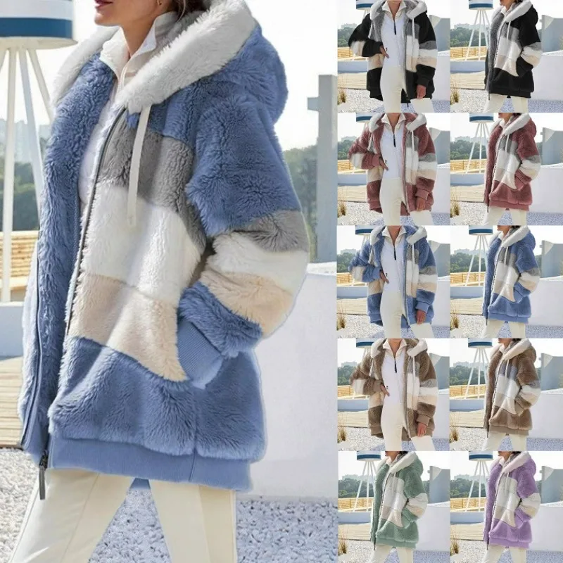 Oversized Jacket for Women 2023 New Autumn Winter Warm Plush Pocket Hooded Stree