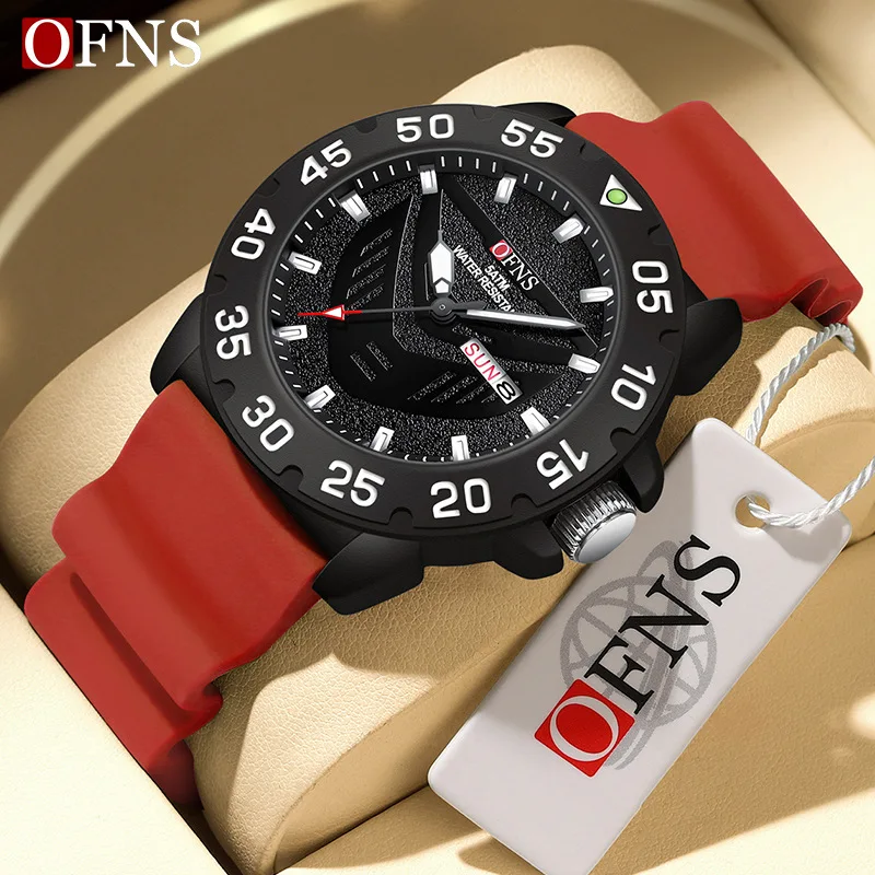OFNS 1308 Men's Quartz Watch Dual Calendar Classic Simple Waterproof Silicone St