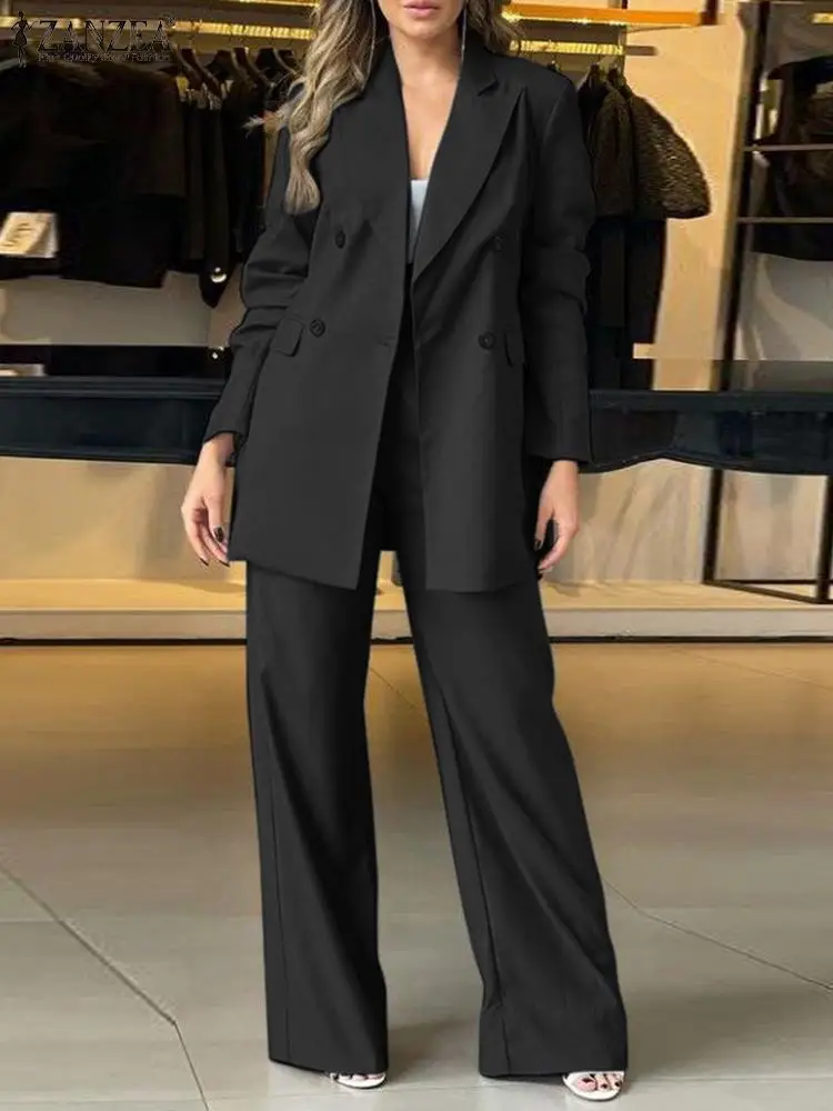 ZANZEA Women Elegant 2-Piece Blazer Suits Fashion Peaked Lapel Blazer Sets High 