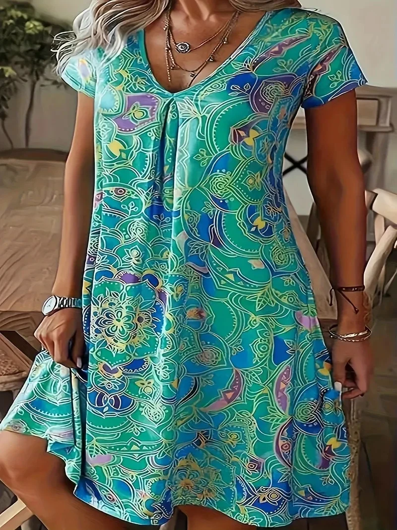 Plus Size Peplum Dress - Elegant V-Neck Flared Casual Short Sleeve Dress with Sl