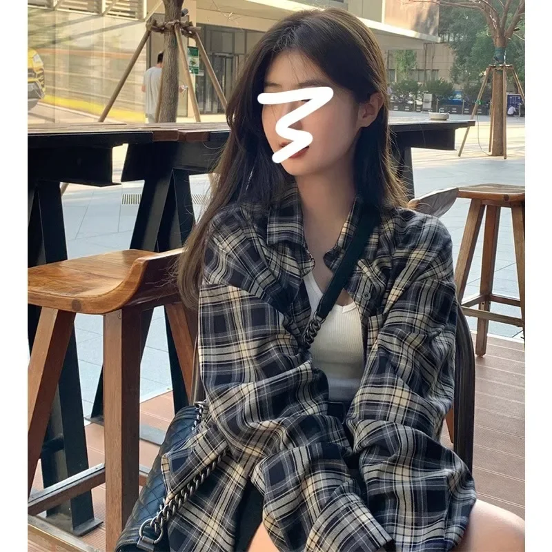 2024 Spring Autumn New Women's Clothing Vintage Plaid Jacket Idle Style Shirt Ko