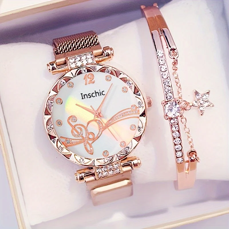 1Pc Rhinestone Decor Quartz Watch & 1Pc Bracelet Fancy Women Watches Jewelry Sop