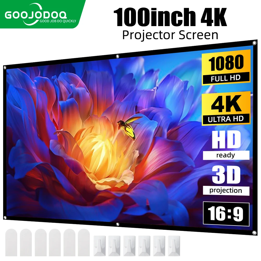 GOOJODOQ 100/80inch HD Anti-Light Curtain Projector Screen 16:9 Indoor Ultra Vie