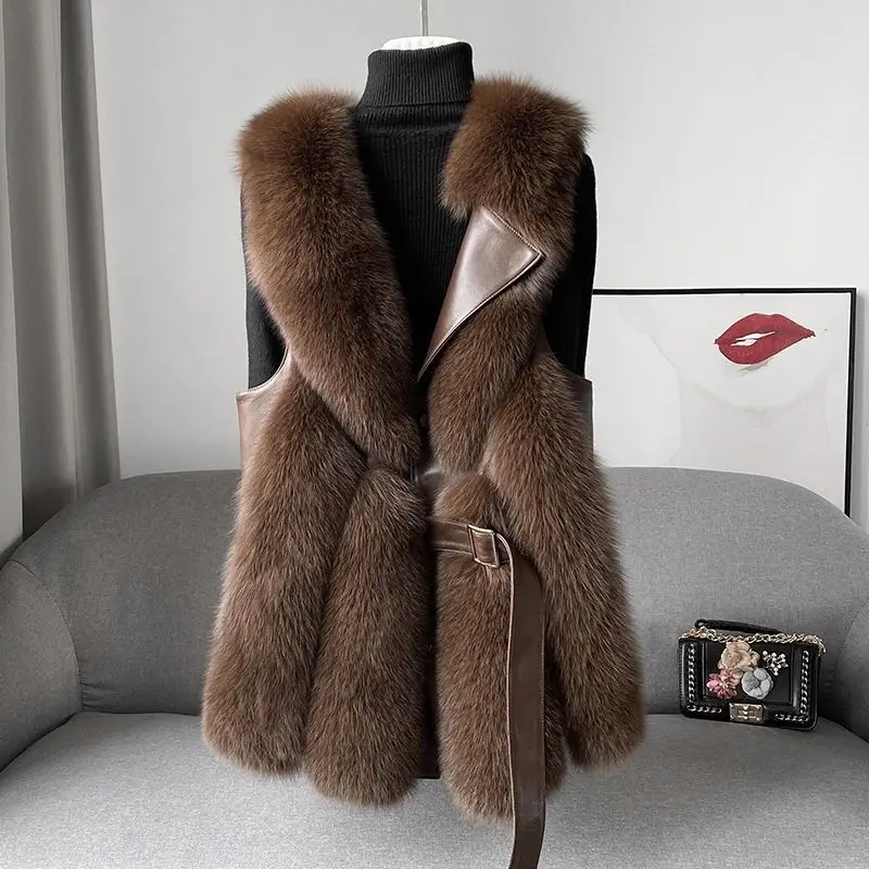 Winter Fur Coat for Women 2024 Autumn Wear Leather Faux Fur Jackets Brown Sleeve