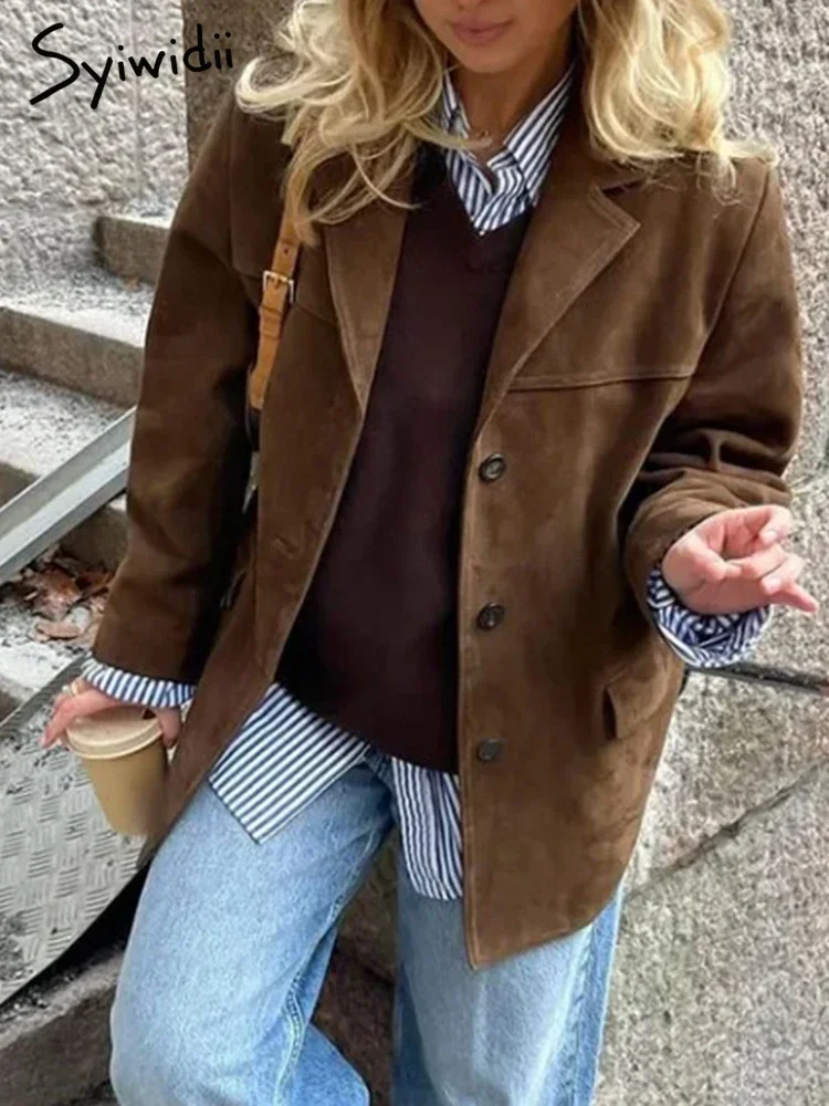 Syiwidii Brown Women Suede Jacket High Street Fashion Lapel with Pocket CasualLa