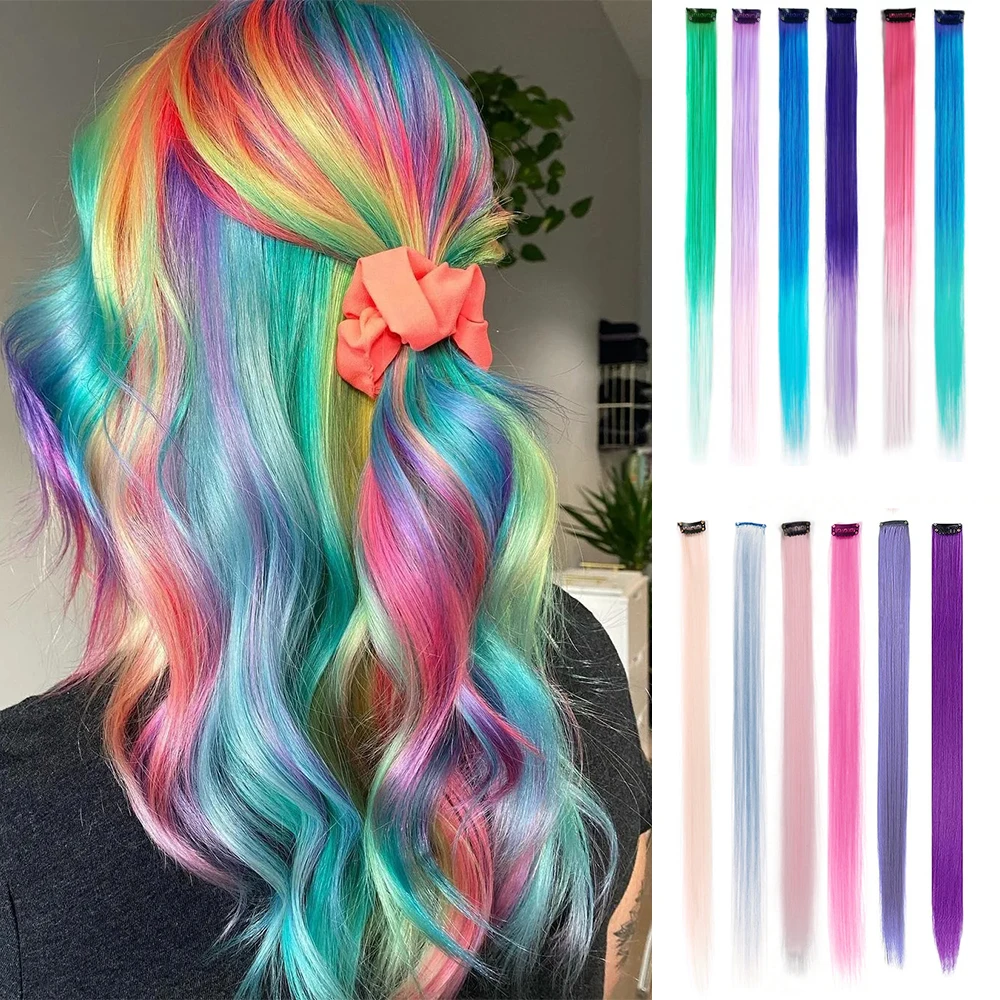 6pcs/pack Colored Party Highlights Clip in Hair Extensions for Girls 22 inches M