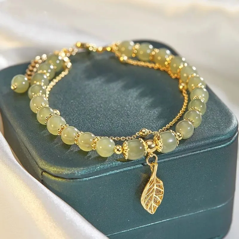 VENTFILLE Gold Color For Women's Hetian Jade Bracelet Leaves Double Layer Jewelr