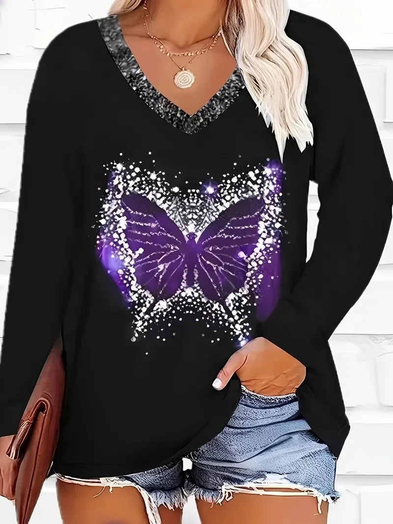 Plus Size Butterfly Print Top Casual V Neck Long Sleeve TopWomens Plus Size Clot