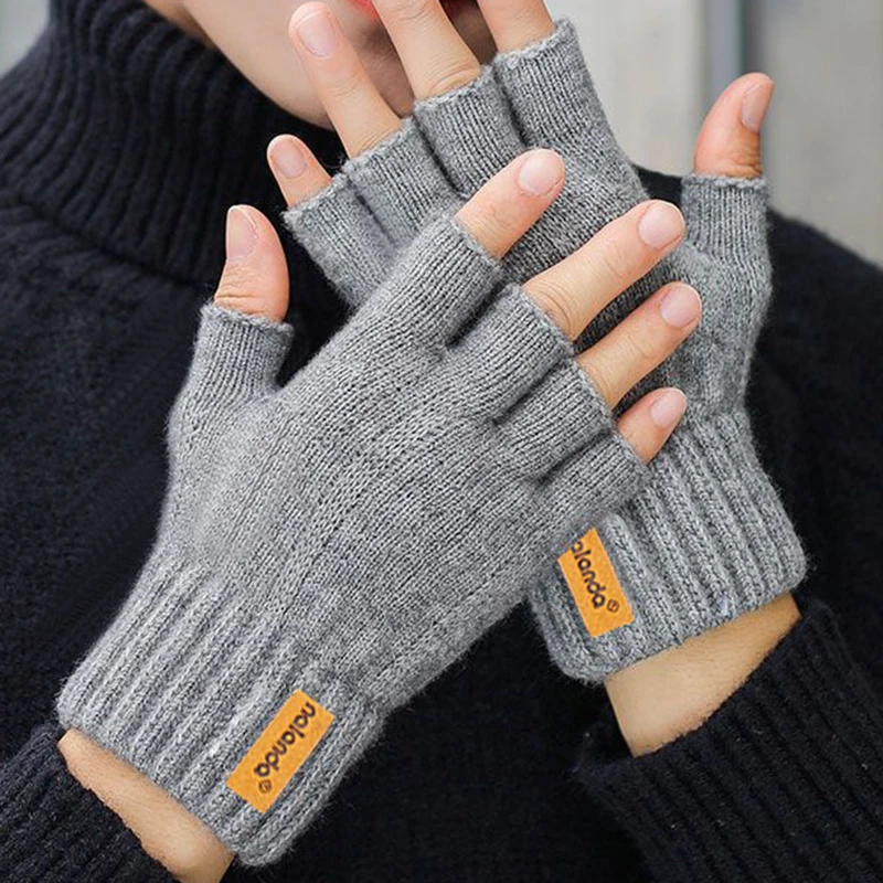 Rimiut New Half Finger Winter Knitted Gloves for Adult Men Women Thickened Warm