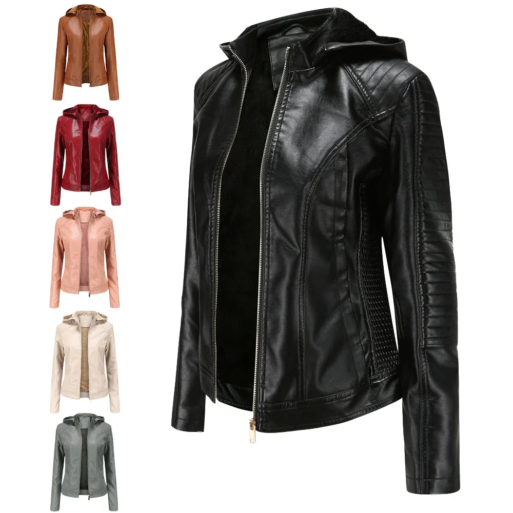 2024 Autumn Winter Women's Plus Velvet Leather Jacket Female Hooded Zipper Casua