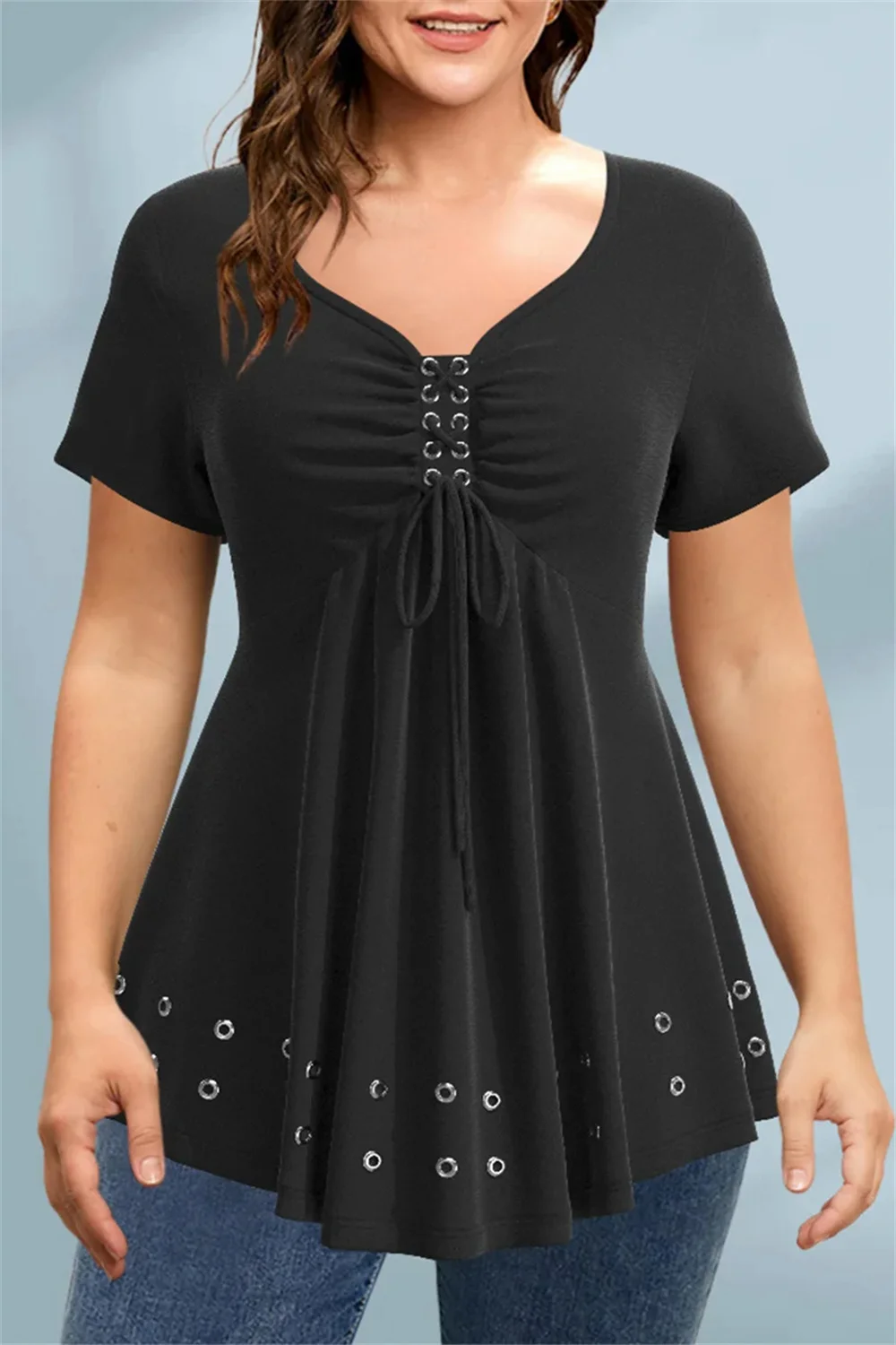Women Plus Size Casual T-Shirt V-Neck Lace-Up Ruffled Eyelet Washer Summer Soft 