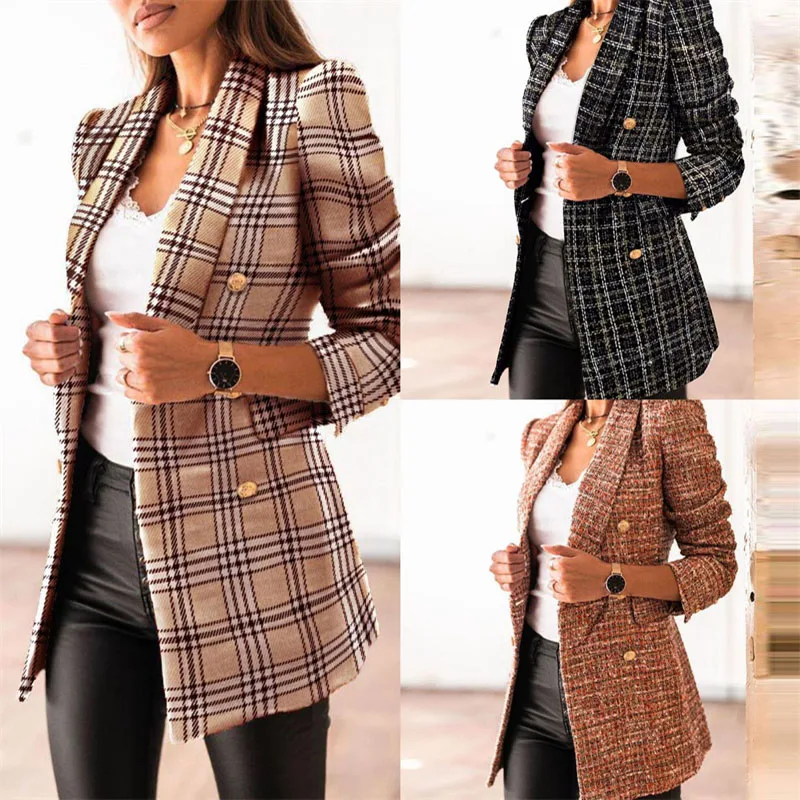 Elegant Fashion Women's Blazers Double Breasted Suits Coat Vintage Autumn Winter
