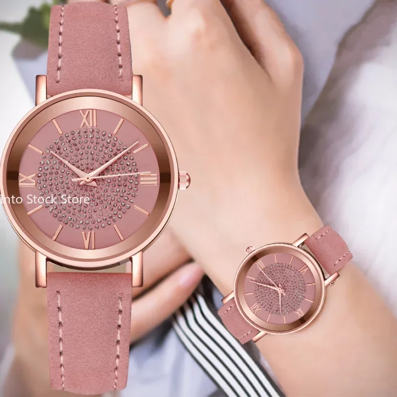 Starry Sky Dial Watches for Women Fashion Roman Scale Rhinestone Leather Ladies 
