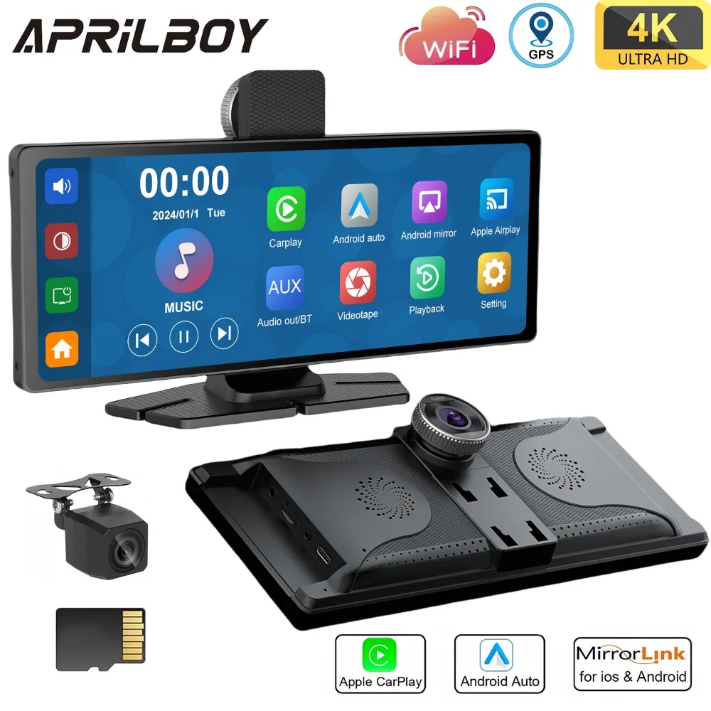 Aprilboy 10.26 inch 4K Dash Cam Carplay Android Auto Car Radio Multimedia Player