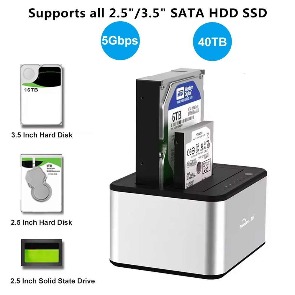 Dual-bay Hard Drive Docking Station 2.5/3.5 Inch SSD External Hard Drive Enclosu